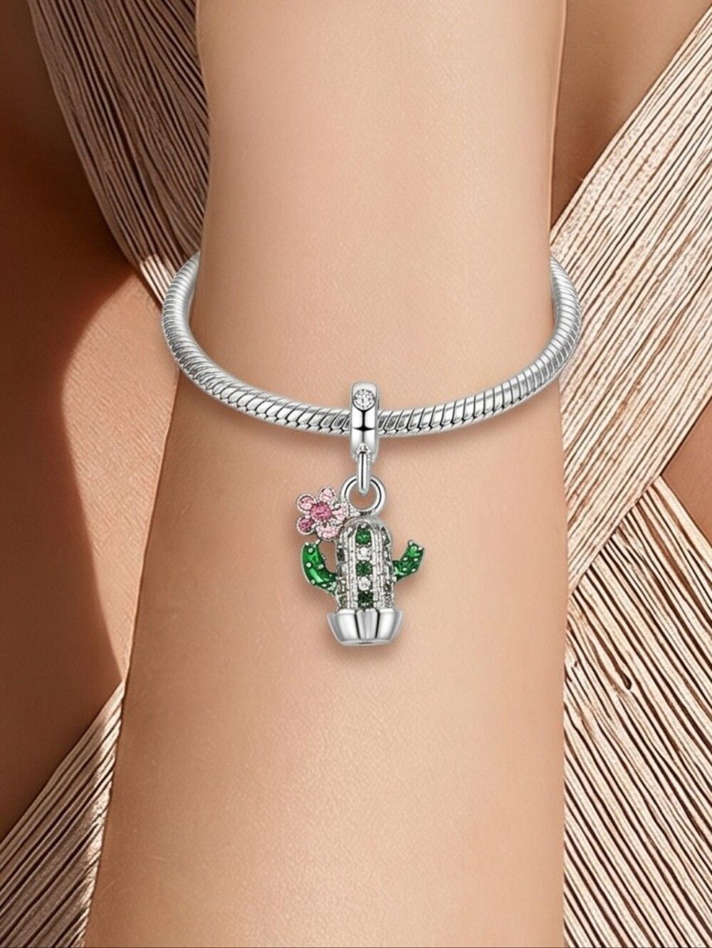 Saguaro Cactus Rhinestone Charm Pendant Green Pink Flower Southwest Jewelry Chic